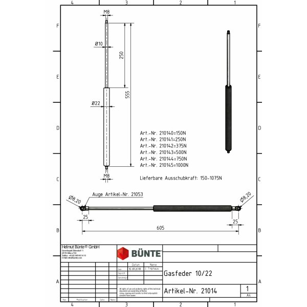 Sprężyna gazowa Typ 10/22, dł. 555 mm, skok 250mm, gwint M8/M8, siła 250N