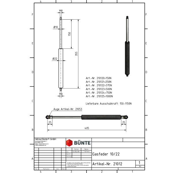 Sprężyna gazowa Typ 10/22, dł. 355 mm, skok 150 mm, siła od 150 do 1150 N