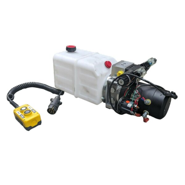 Agregat hydrauliczny 20 MPa, 2.7 CC, 4 L, 12 V, 1.5 kW, DC, 2500 rpm, z elektrozaworem normalnie zamkniętym G 3/8&quot;, osłoną plastikową silnika i pilotem dwufunkcyjnym z 3 metrowym przewodem sprężynowym