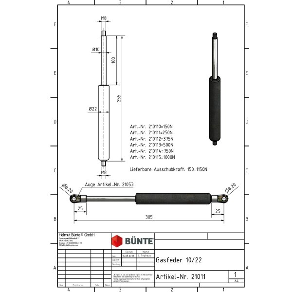 Sprężyna gazowa Typ 10/22 dł. 255 mm, skok 100 mm, gwint M8/M8, siła 250N