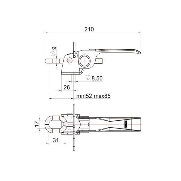 KARTT - Zamknięcie burty przyczepy z zawleczką regulowane 17 x 210-243 mm typu ZB-03/BV 40-1